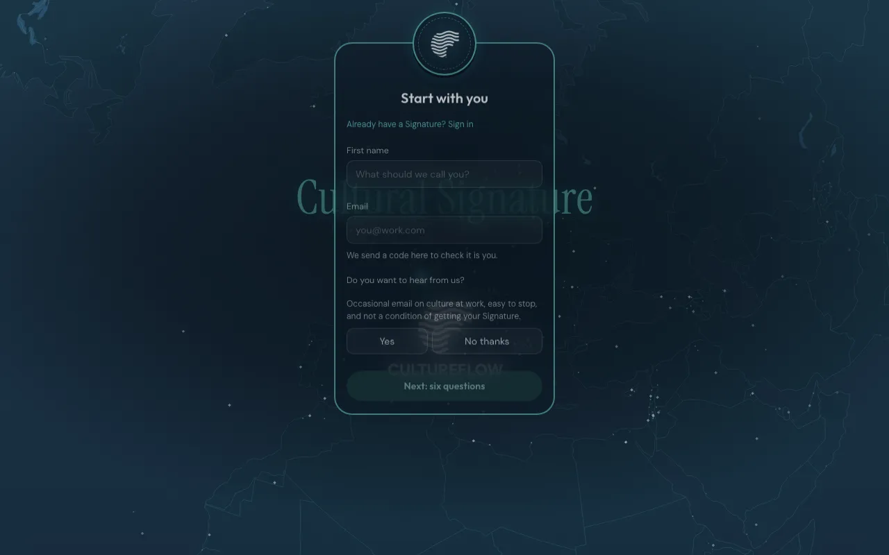 The Cultural Signature start screen: six questions about you
